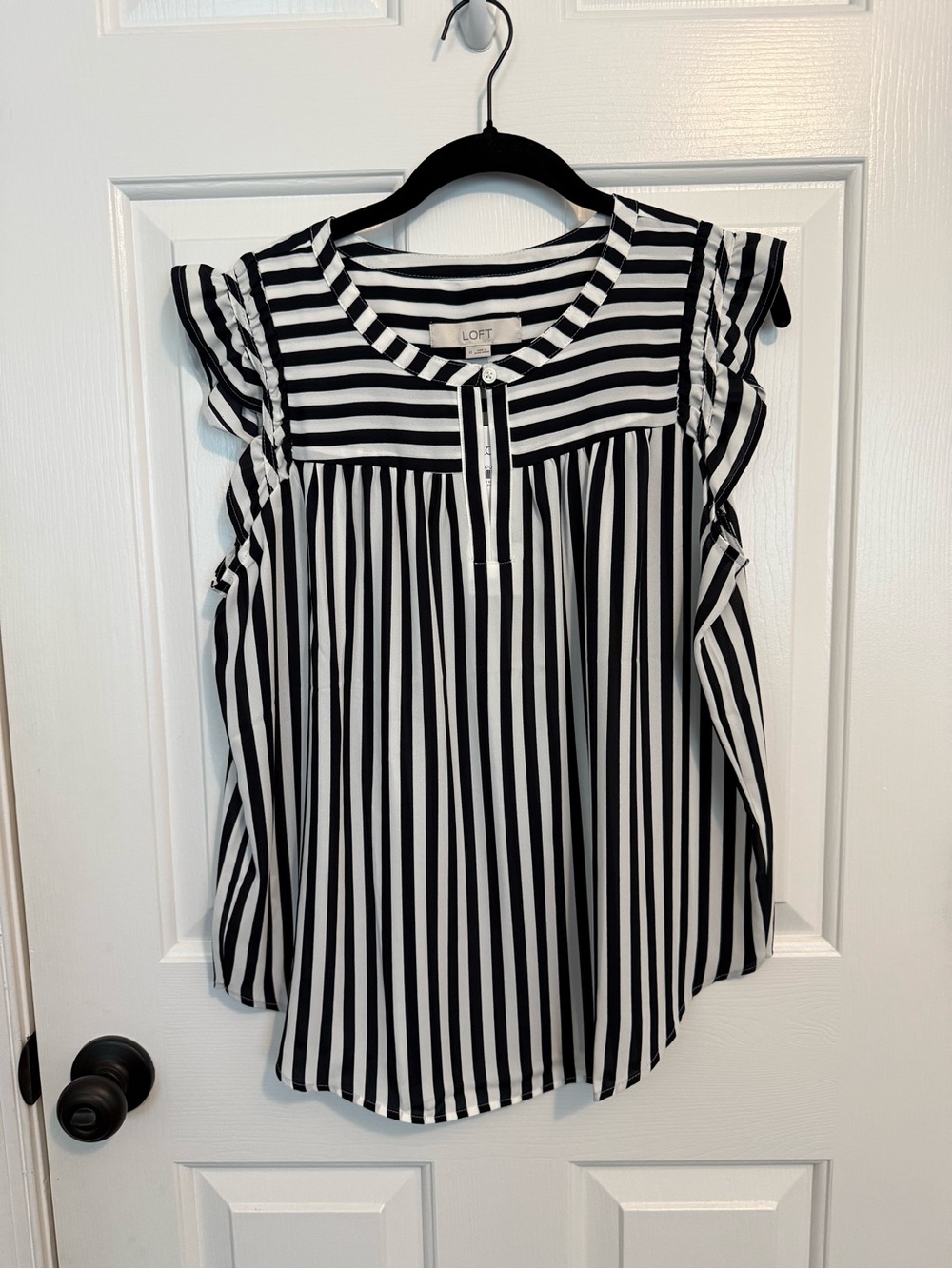 LOFT Black and White Vertical Stripe Ruffle Sleeve Top